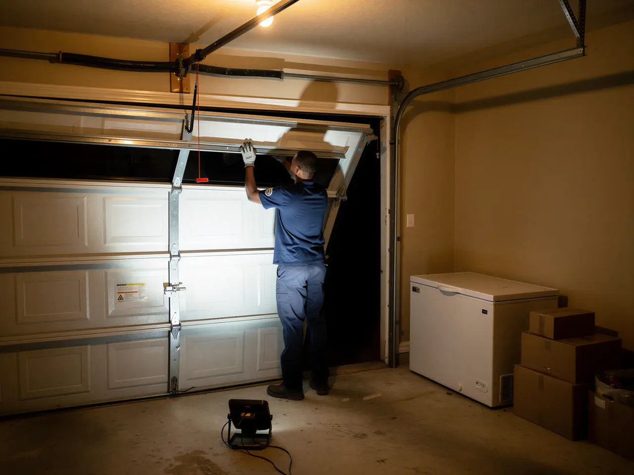 A technician in a blue shirt adjusts a white garage door inside a garage.