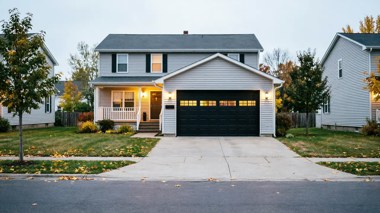 A light gray house has a dark gray garage door with windows.