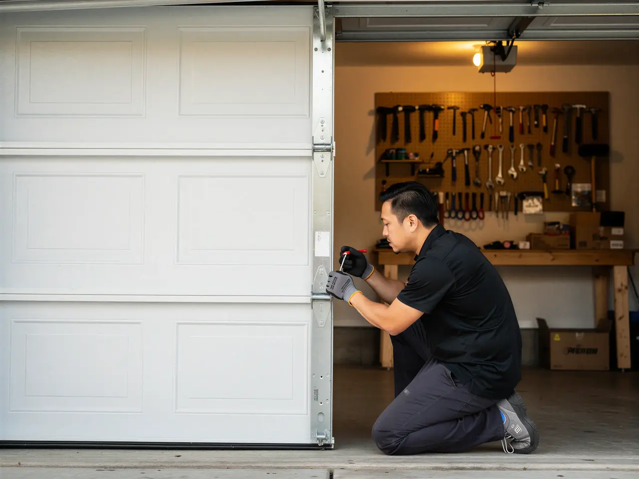 A technician kneels to repair a white garage door with a screwdriver.