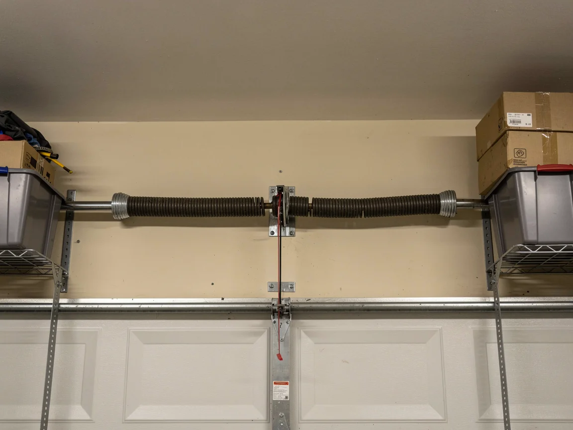 A torsion spring system is mounted above a white garage door.