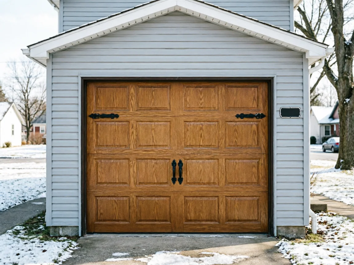 The light blue garage has a brown wooden garage door with black decorative hardware.